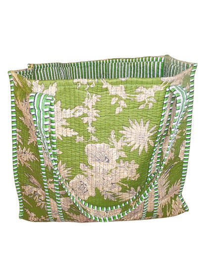 Mira Block Printed Cotton Tote Bag -  Green Leaves