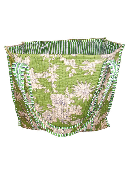 Mira Block Printed Cotton Tote Bag -  Green Leaves