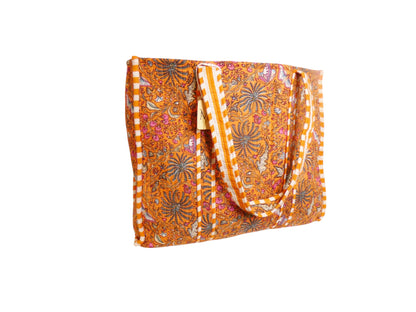 Mira Block Printed Cotton Tote Bag - Orange Floral Butterflies