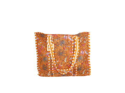 Mira Block Printed Cotton Tote Bag - Orange Floral Butterflies