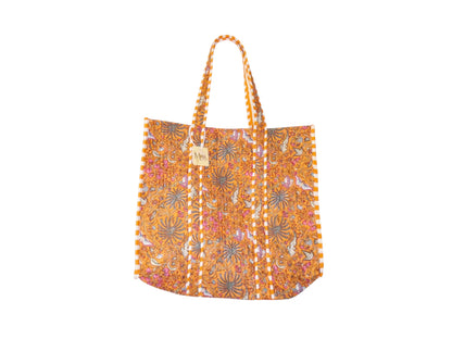 Mira Block Printed Cotton Tote Bag - Orange Floral Butterflies