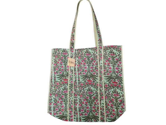 Mira Block Printed Cotton Tote Bag - Green Floral