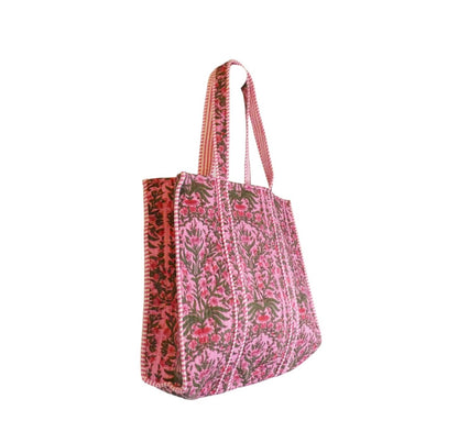 Mira Block Printed Cotton Tote Bag - Pink Floral