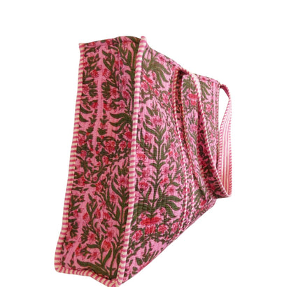 Mira Block Printed Cotton Tote Bag - Pink Floral