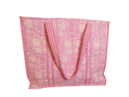 Mira Block Printed Cotton Tote Bag -  Light Pink Floral